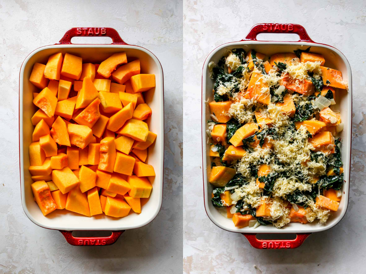 Cubes of butternut squash in a baking dish topped with creamed kale mixture