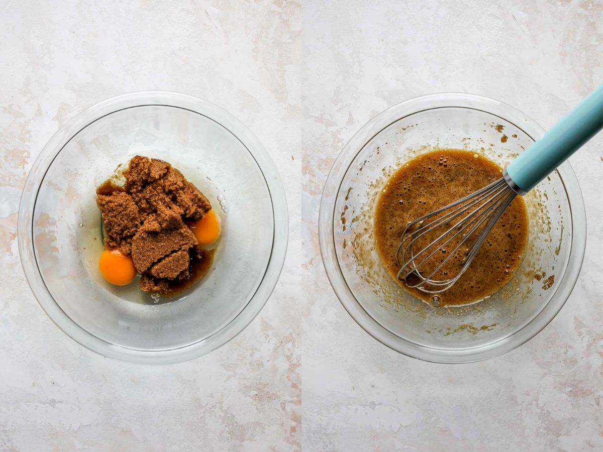 Eggs and brown sugar being whisked in a bowl
