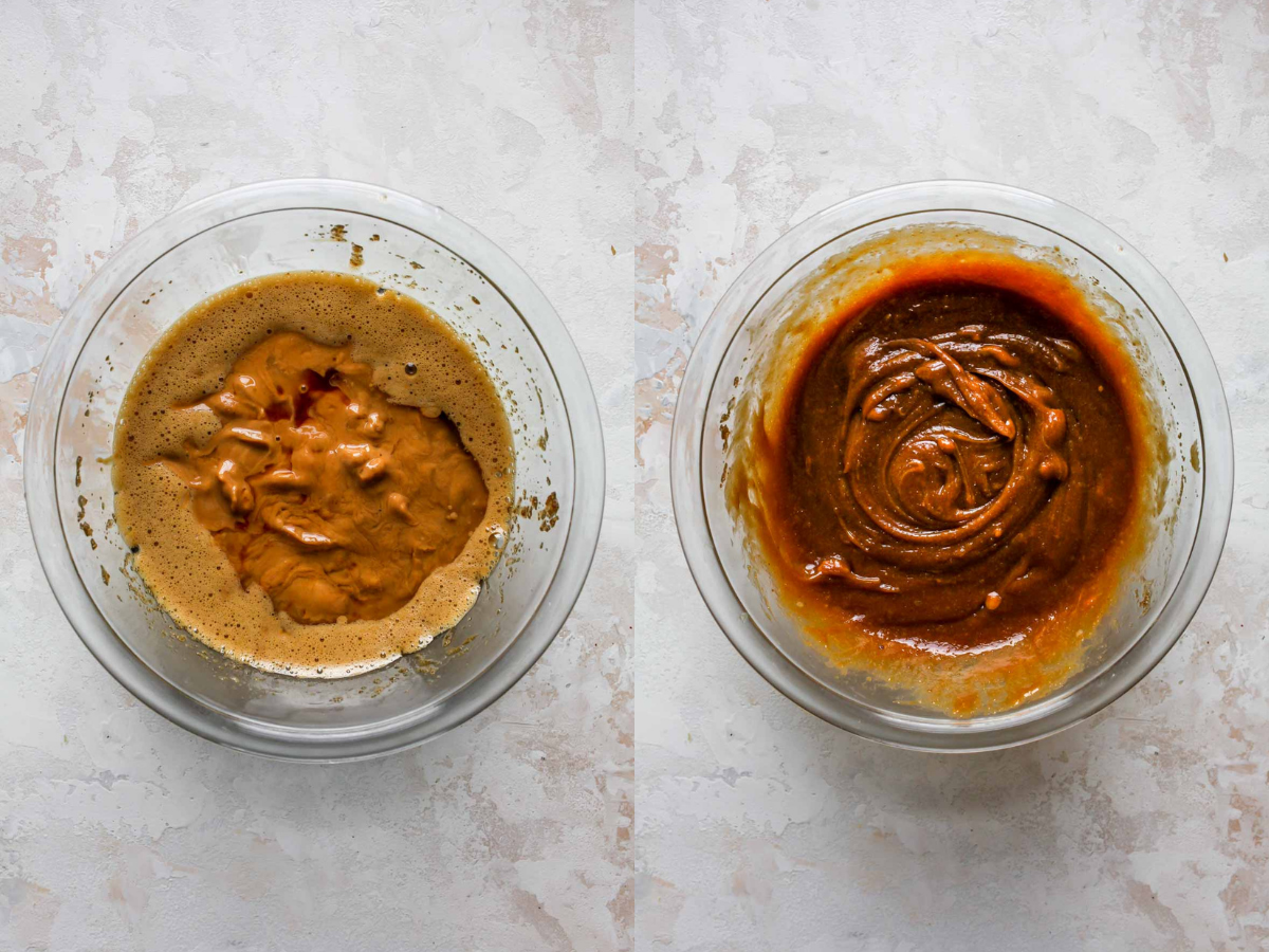 Peanut butter, oil, and vanilla being whisked in a bowl