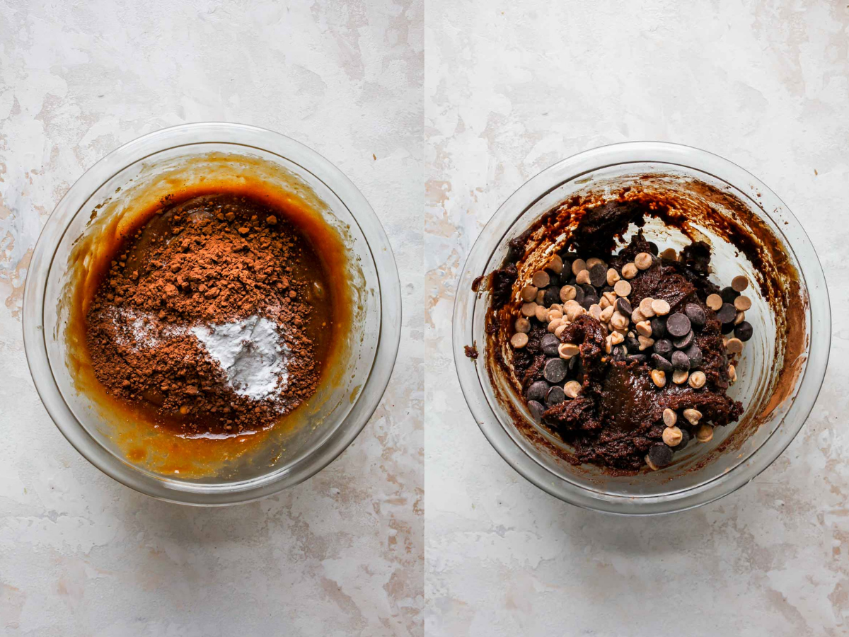Cocoa powder and chocolate chips being mixed into a bowl of cookie dough