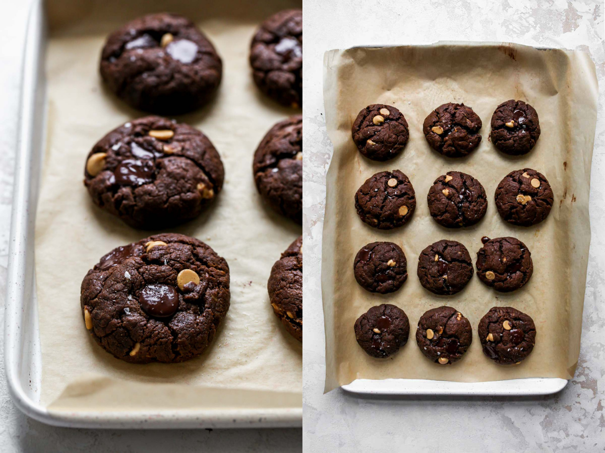 Baked cookies on a parchment-lined baking sheet