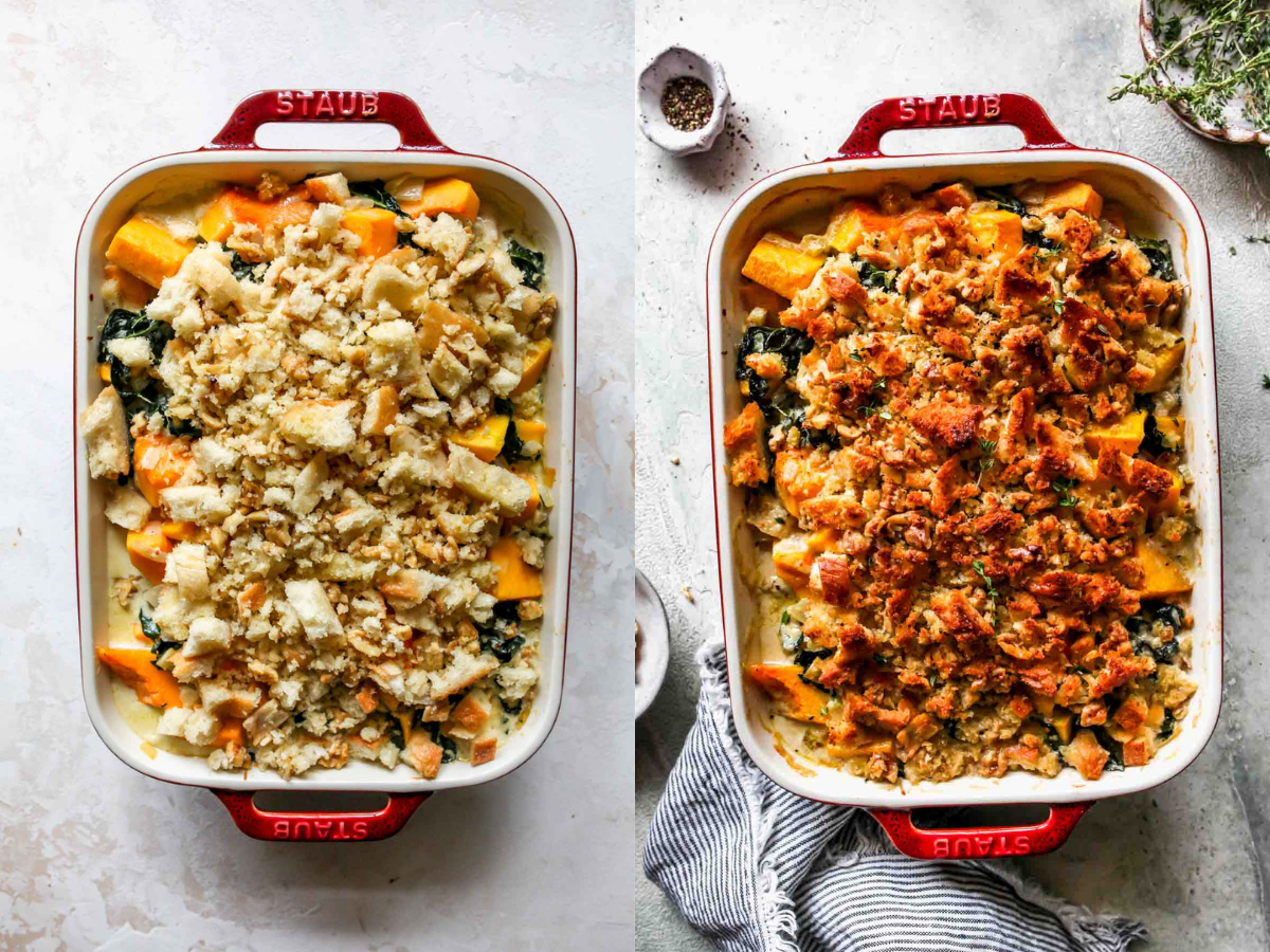 Casserole topped with sourdough-walnut topping and baked until golden