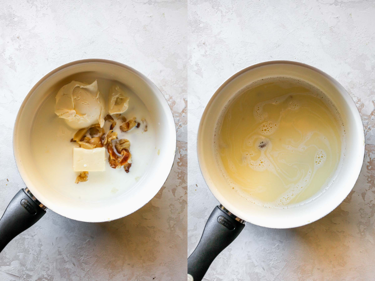 Milk, mascarpone, butter, and garlic being simmered in a saucepan
