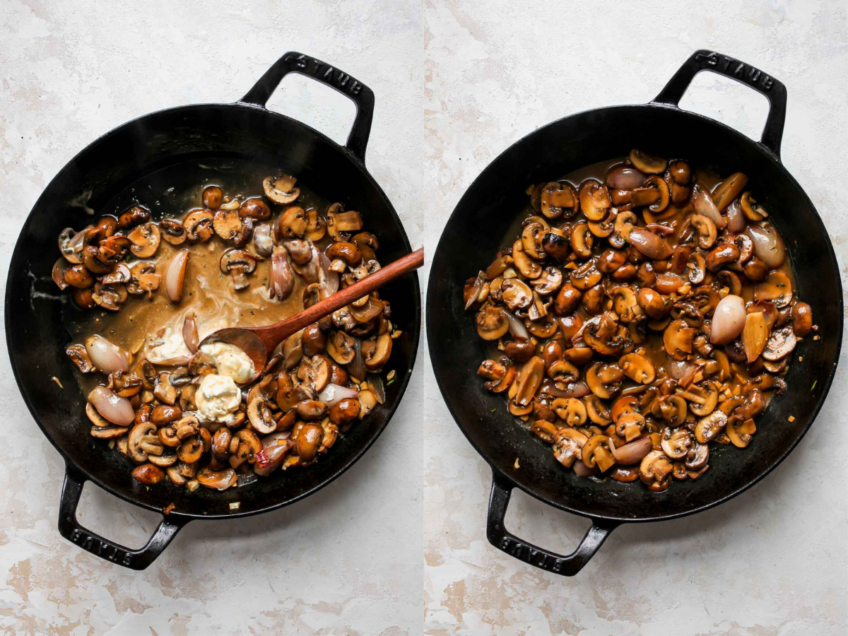 Creme friache being stirred into a skillet of mushrooms in marsala sauce