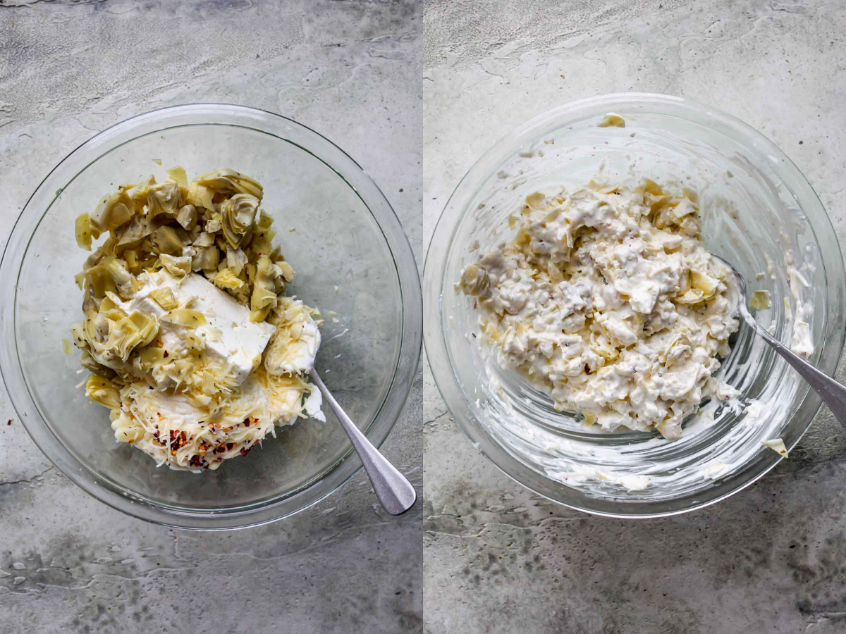 Feta, artichokes, mayo, and mozzarella being mixed in a bowl