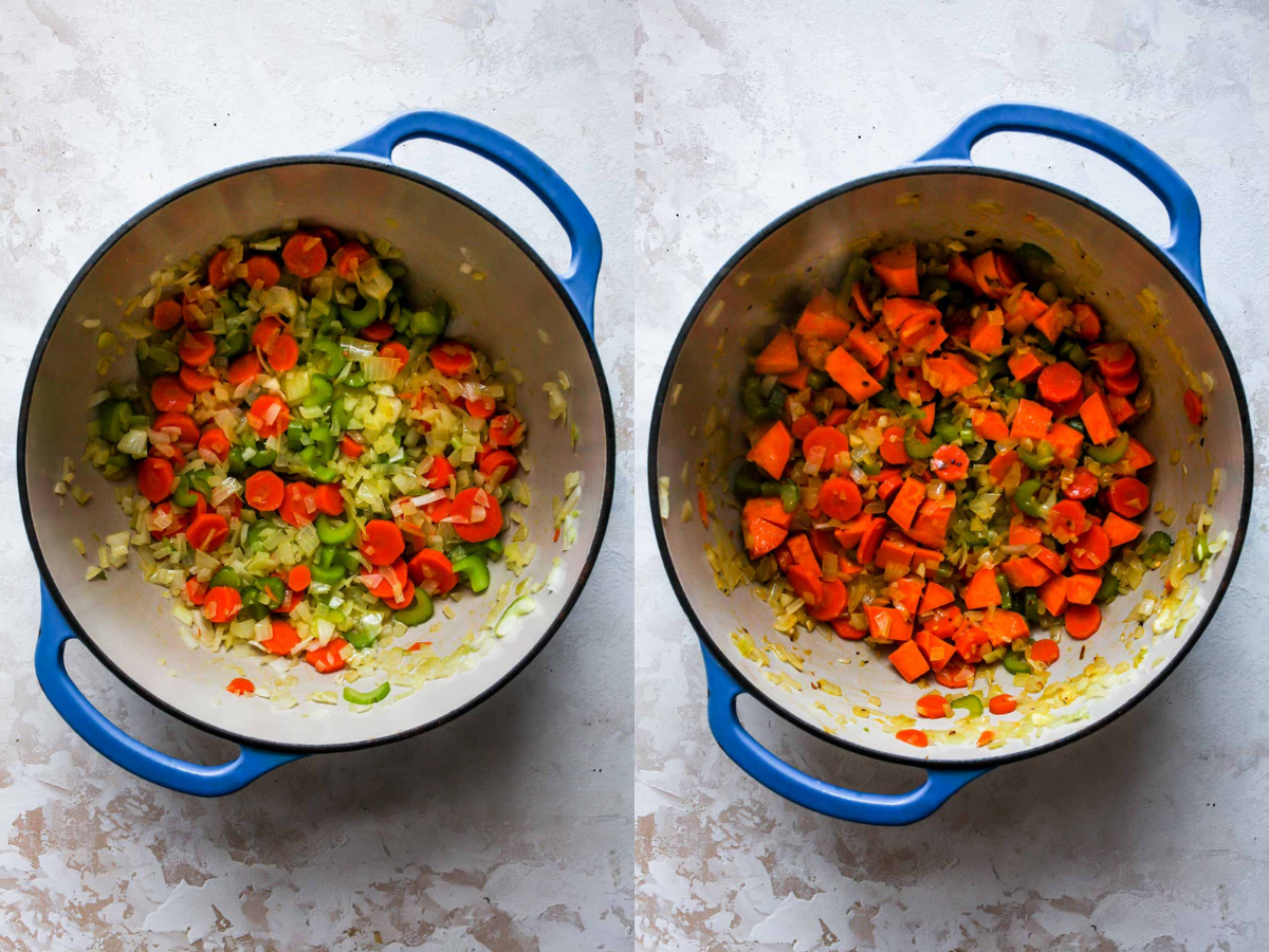 Onion, carrots, and celery sautéing in a pot