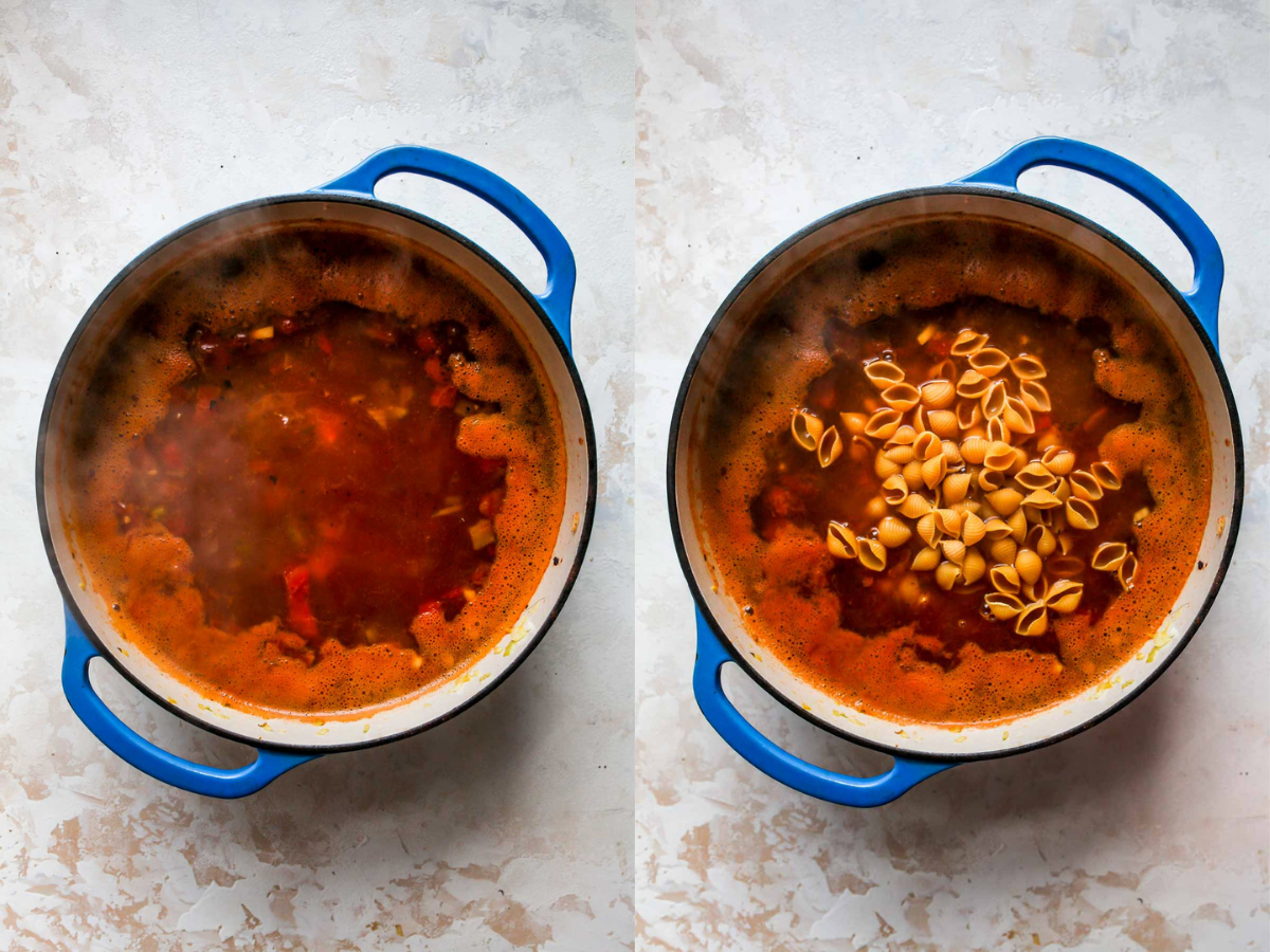 Broth, beans, tomatoes, and pasta being added to stock pot