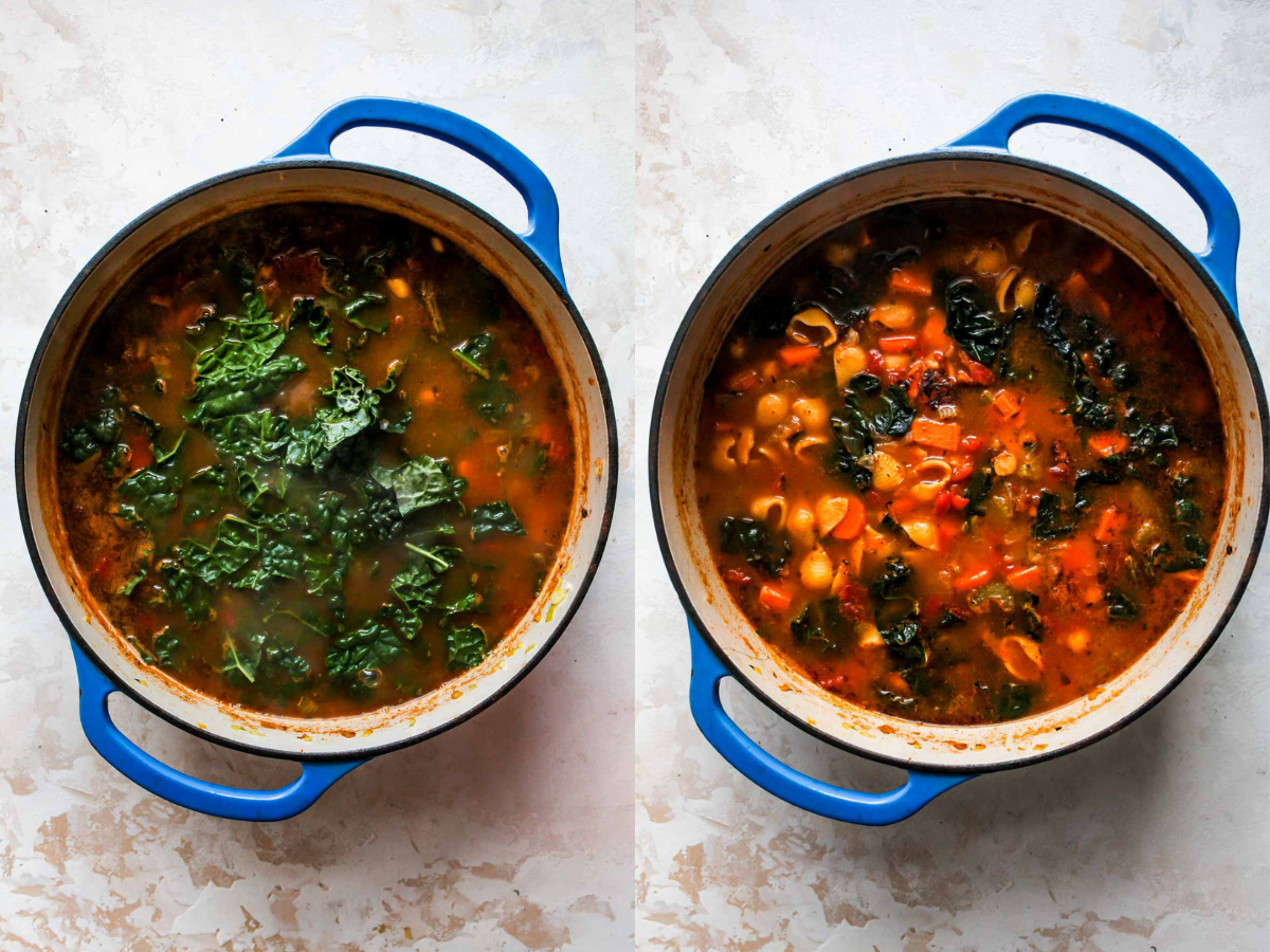 Kale and parmesan being stirred into a pot of soup