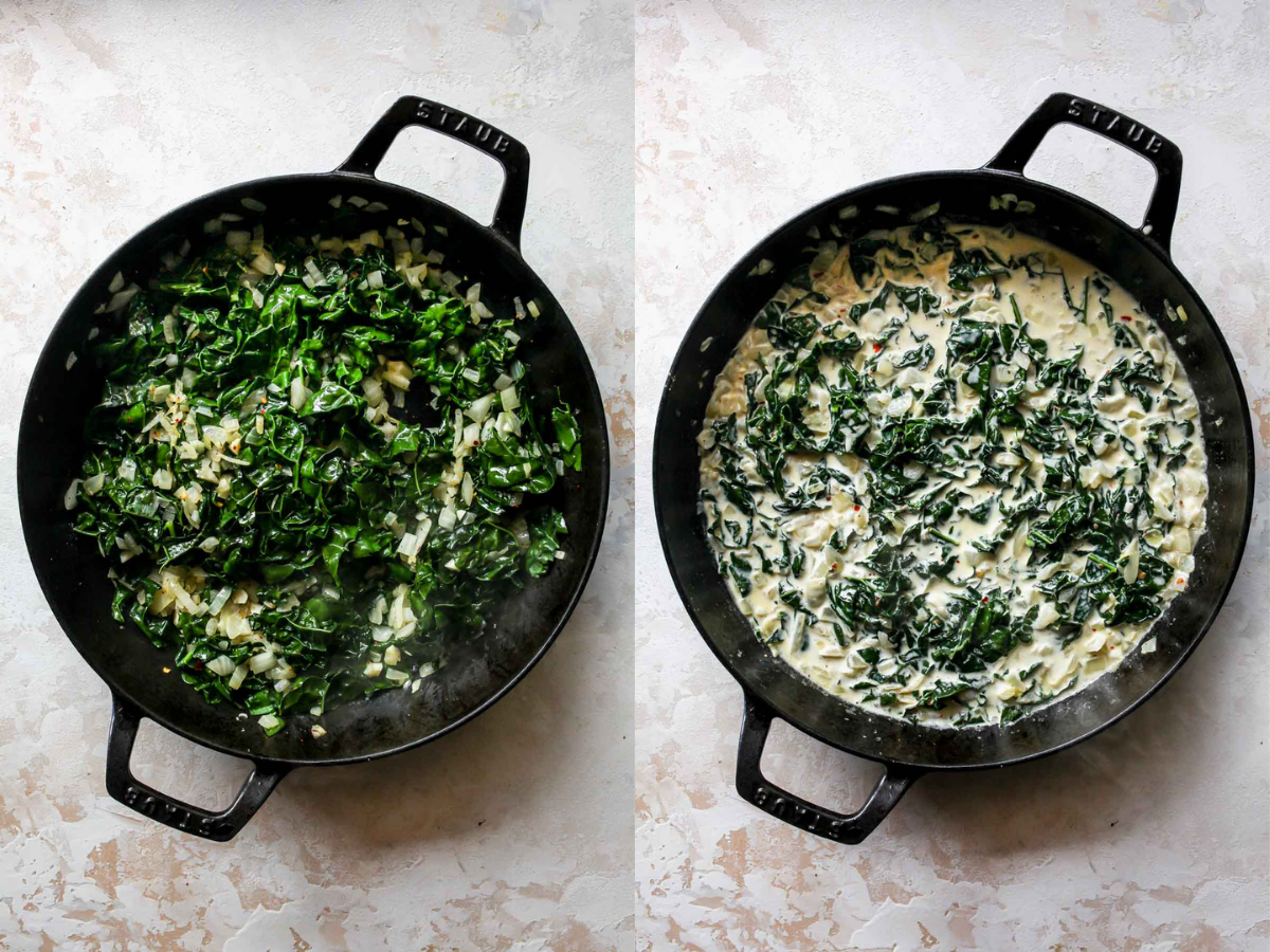 Kale and heavy cream being added to a skillet
