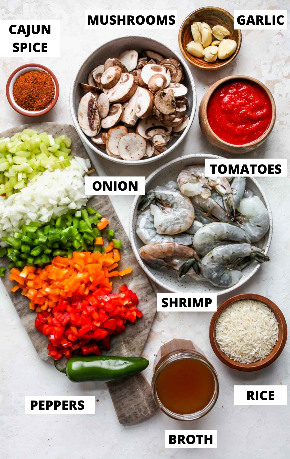 Recipe ingredients displayed on a white board with labels