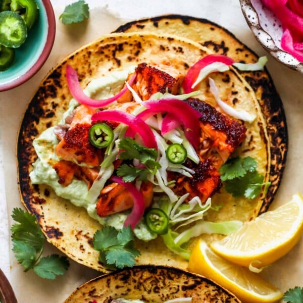 Salmon Tacos with Avocado Crema