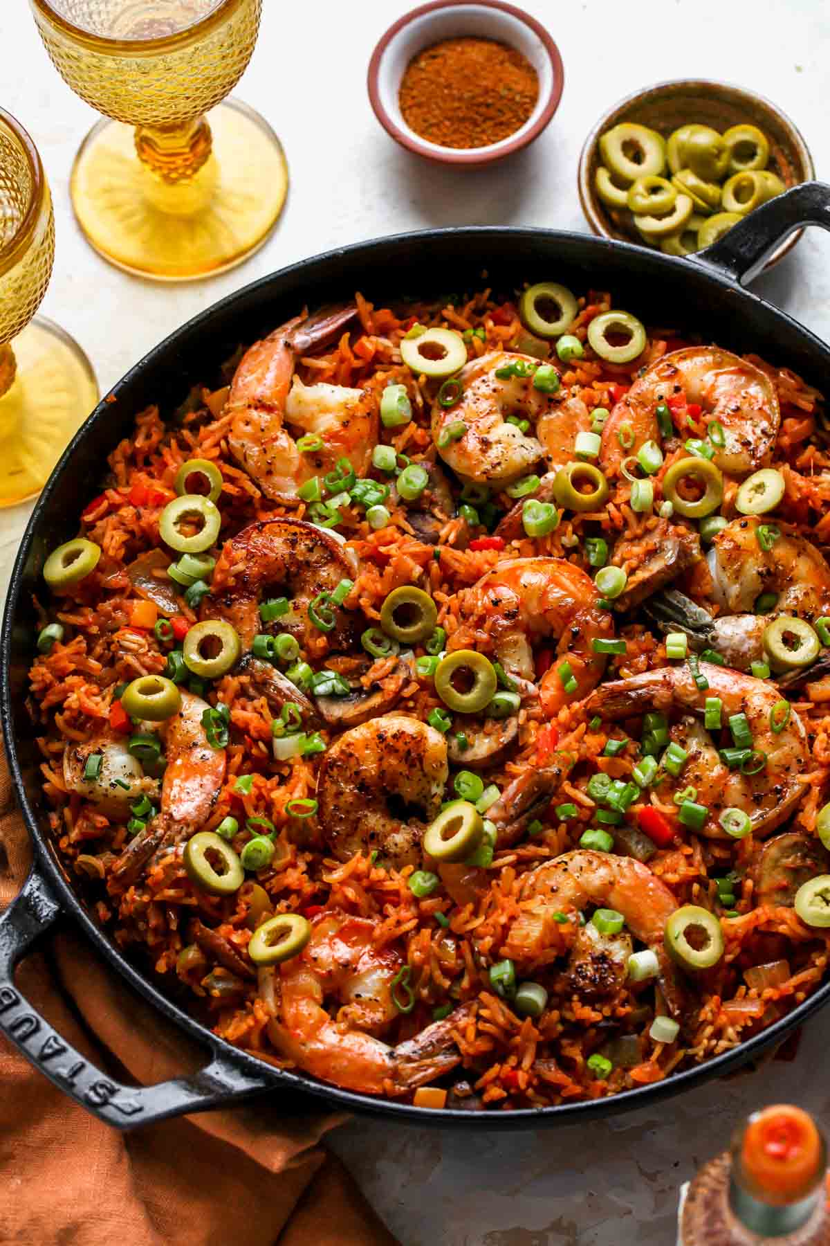 Shrimp Jambalaya styled in a black cast iron skilelt