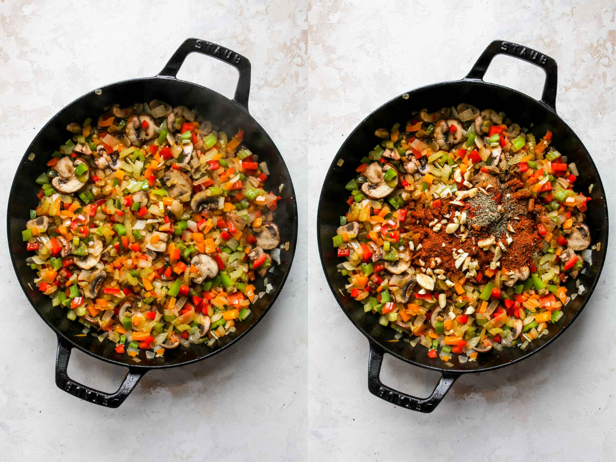 Peppers, onions, mushrooms, and spices sautéing in a skillet