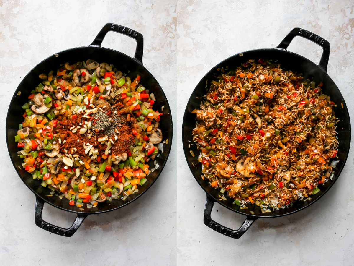 Rice being stirred into a skillet of sautéed aromatics