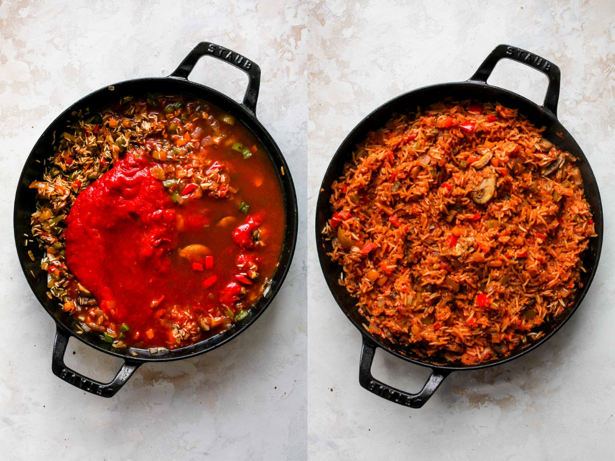 Crushed tomatoes and broth being added to a skillet of rice and vegetables