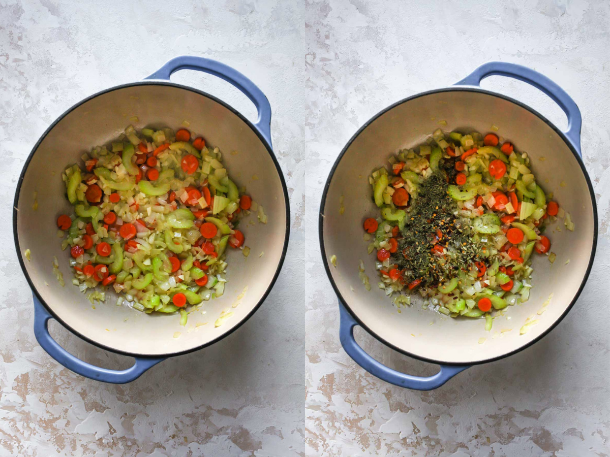Onion, celery, carrots, and spices sautéing in a Dutch oven