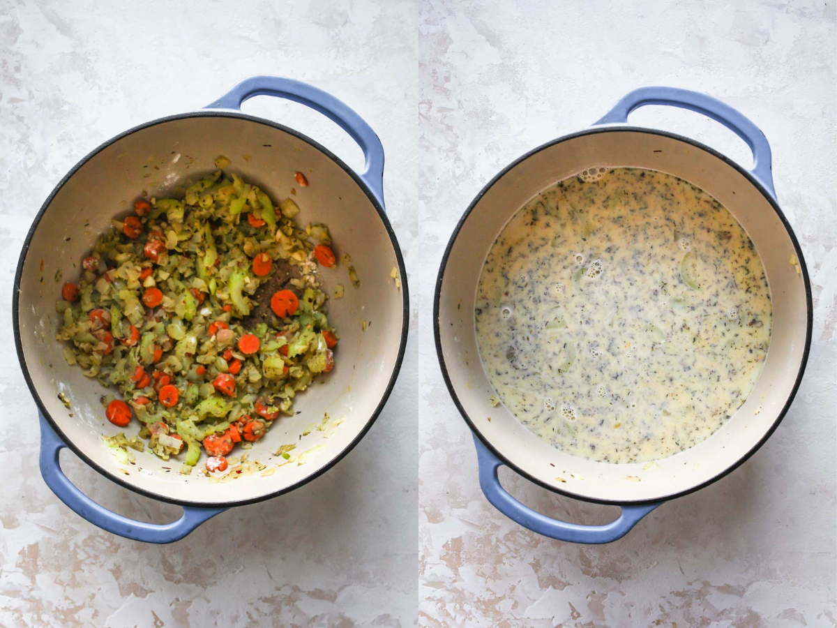 Flour, broth, and milk being added to a pot of sautéed aromatics