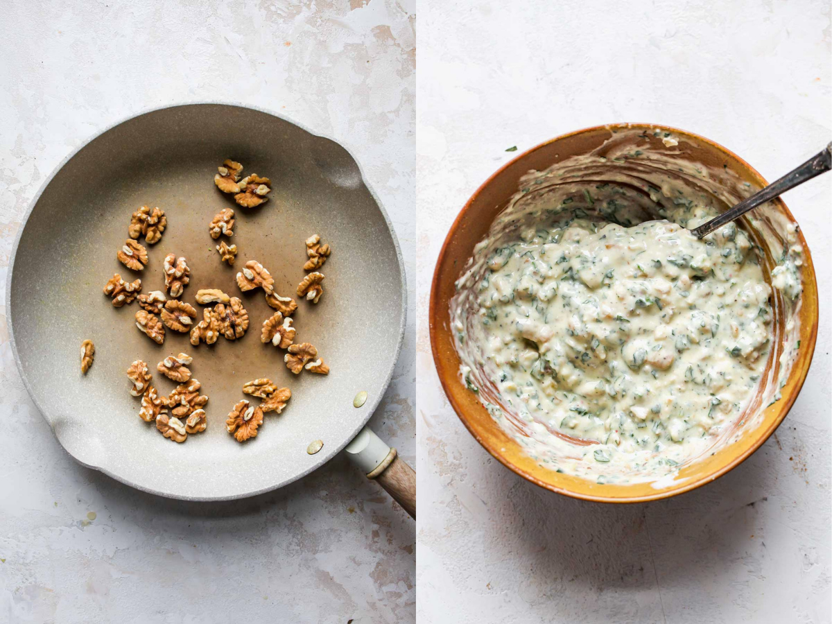 Walnuts being toasted in a skillet and mixed into dressing