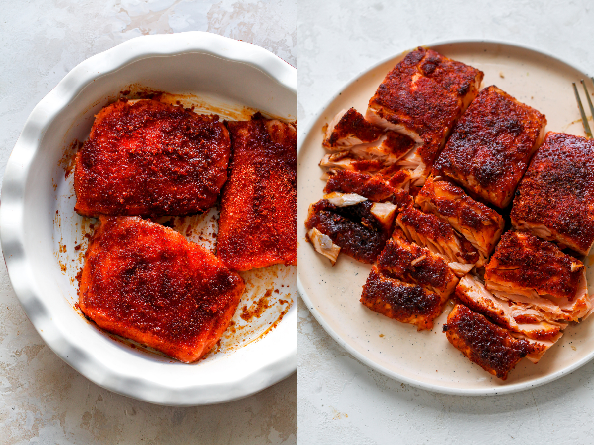 Salmon fillets being seasoned and roasted until flaky.