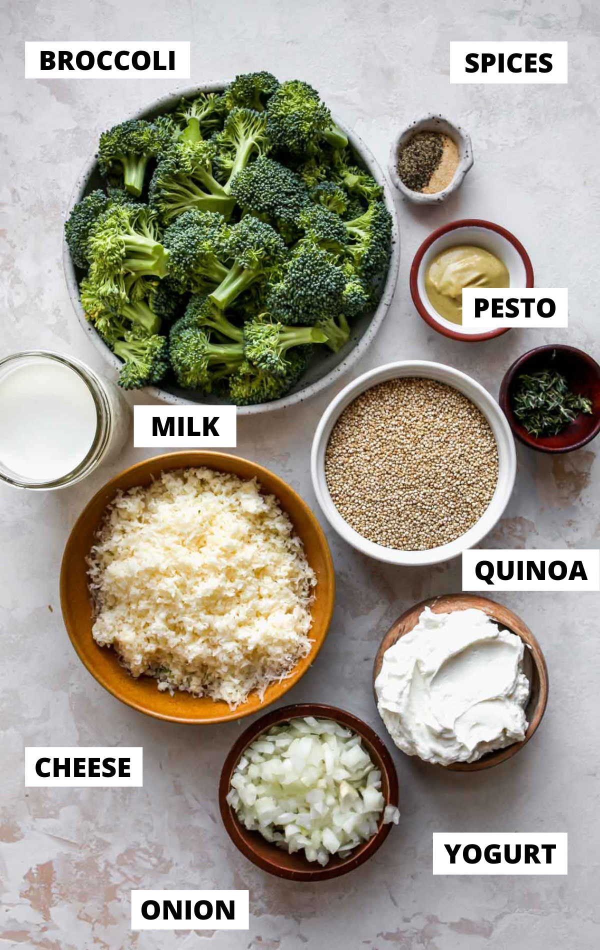 Recipe ingredients in separate bowls on a white board with labels