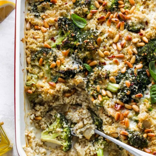 Cheesy Pesto Broccoli Quinoa Casserole