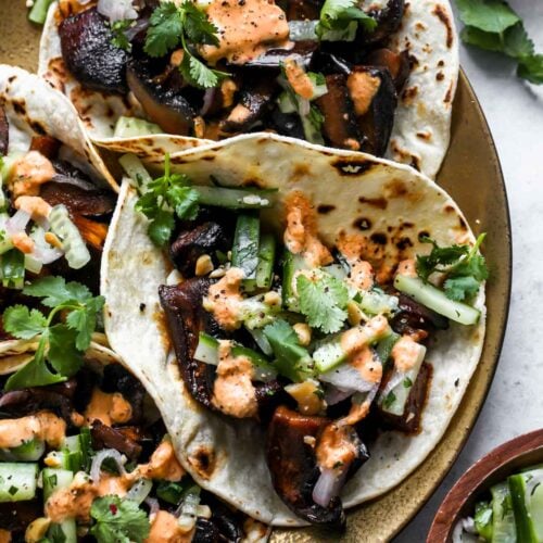 Korean Eggplant and Mushroom Tacos with Kimchi Cream