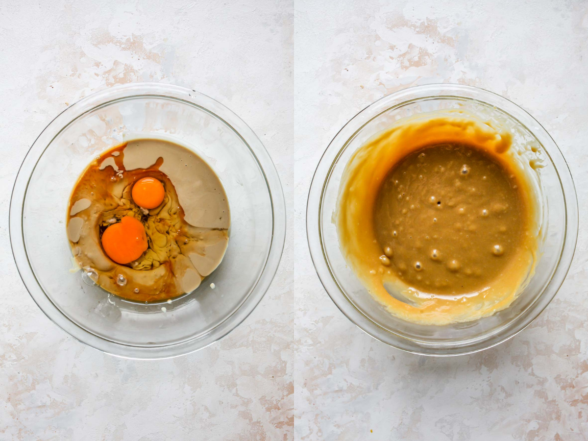 Tahini, eggs, and maple syrup being whisked in a bowl