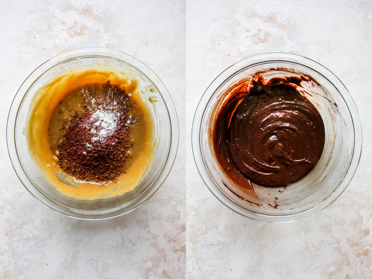 Cocoa powder and baking powder being stirred into wet ingredients