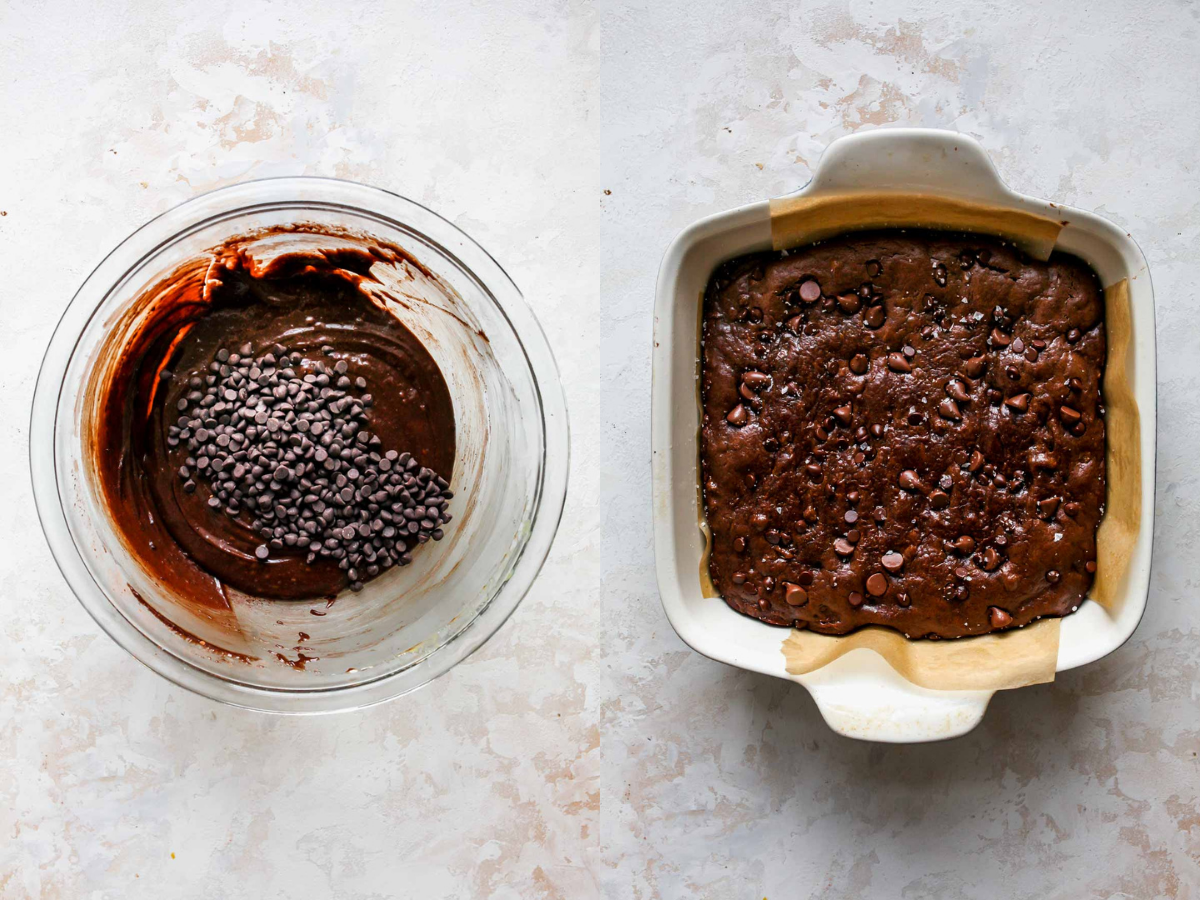 Chocolate chips being mixed into brownie batter and transferred to baking pan