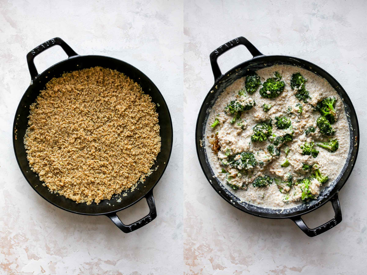 Quina, broccoli, cheese, and milk being mixed together in a skillet