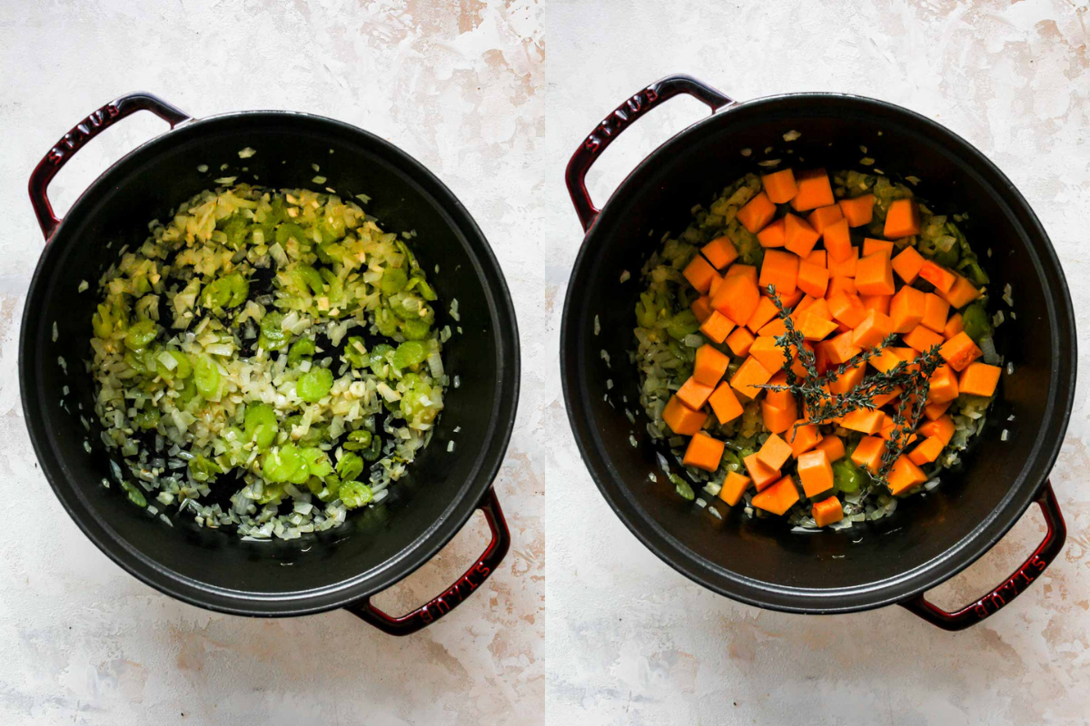 Onion, celery, garlic, and butternut squash sautéing in a pot.