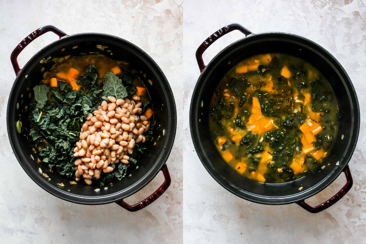 Kale, beans, and broth being added to a soup pot.