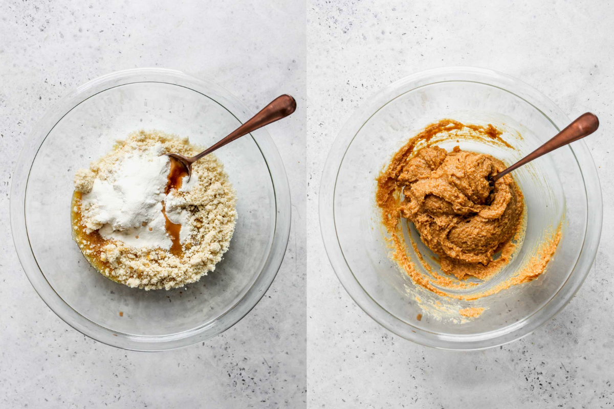 Cashew butter, almond flour, collagen, and maple syrup being mixed in a bowl