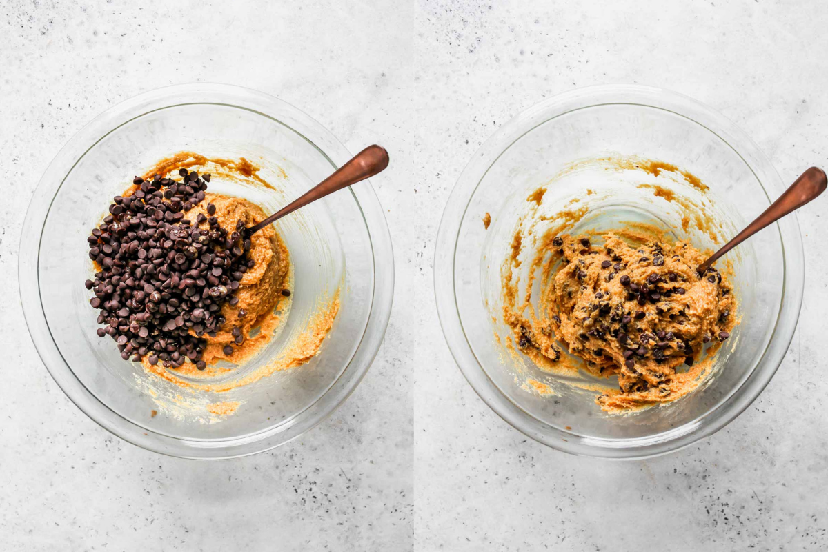 Chocolate chips being mixed into cashew butter mixture