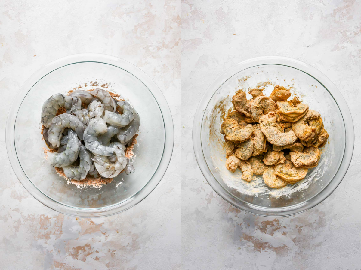 Raw shrimp being tossed in cornstarch and spices