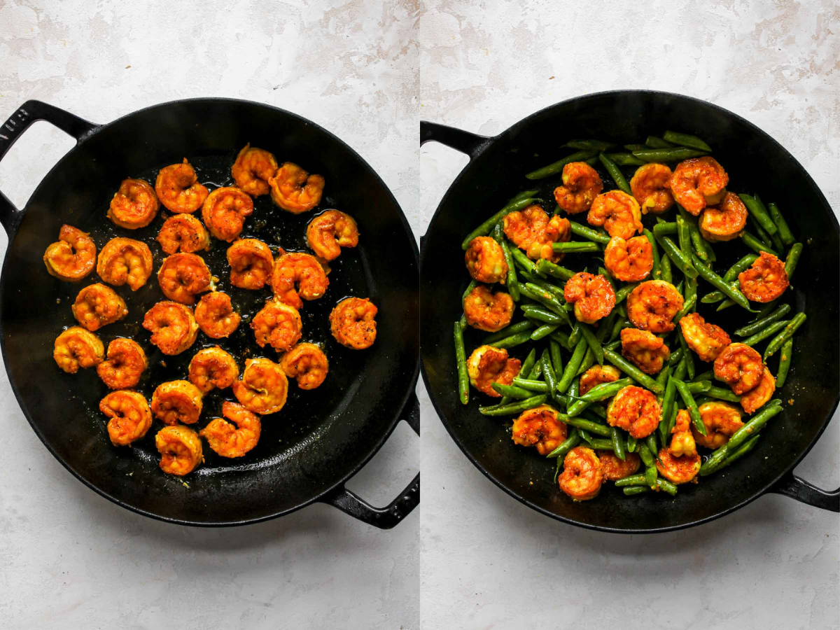 Shrimp and green beans being sautéed in a skillet
