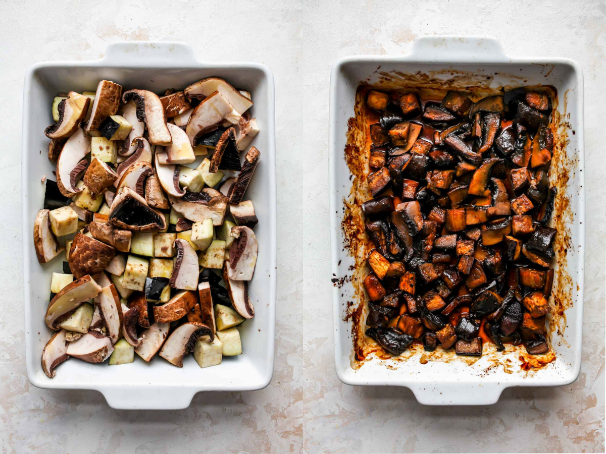 Eggplant and mushrooms roasting in a baking dish