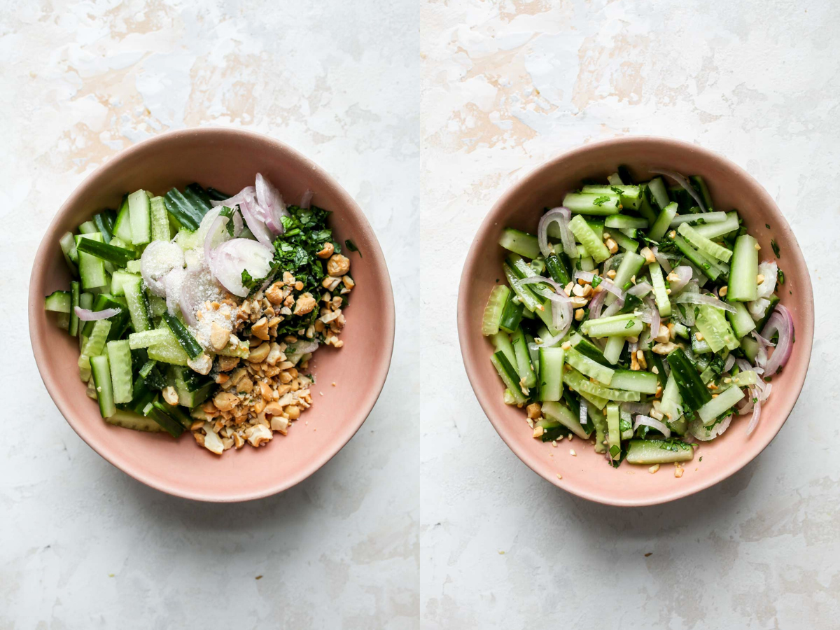 Cucumber, cilantro, shallots, and nuts being mixed in a pink bowl