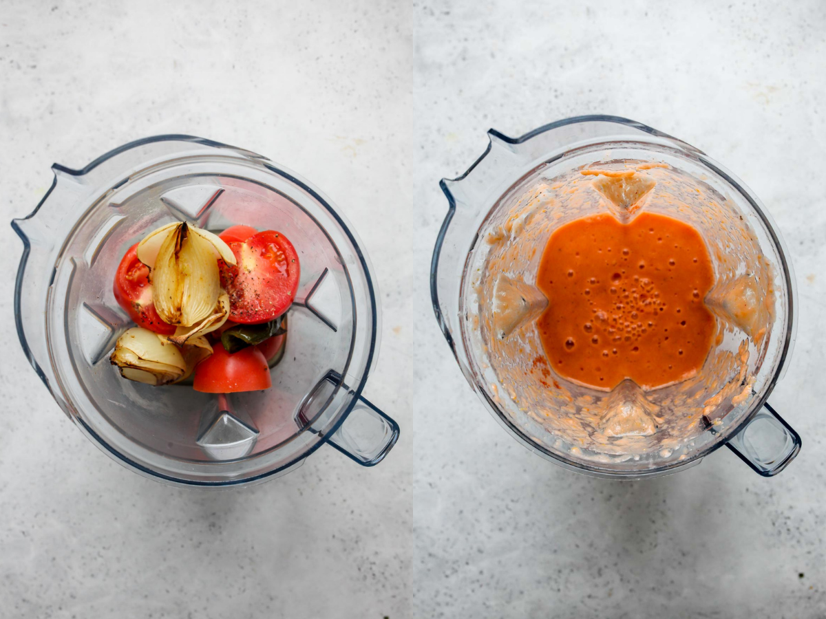 Tomatoes, onion, and chiles being blended until smooth in a blender