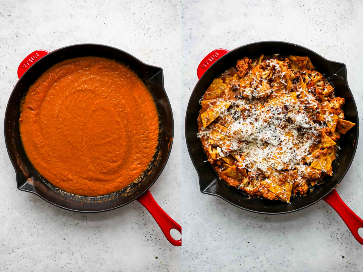 Salsa roja in a skillet with chilaquiles ingredients being mixed in