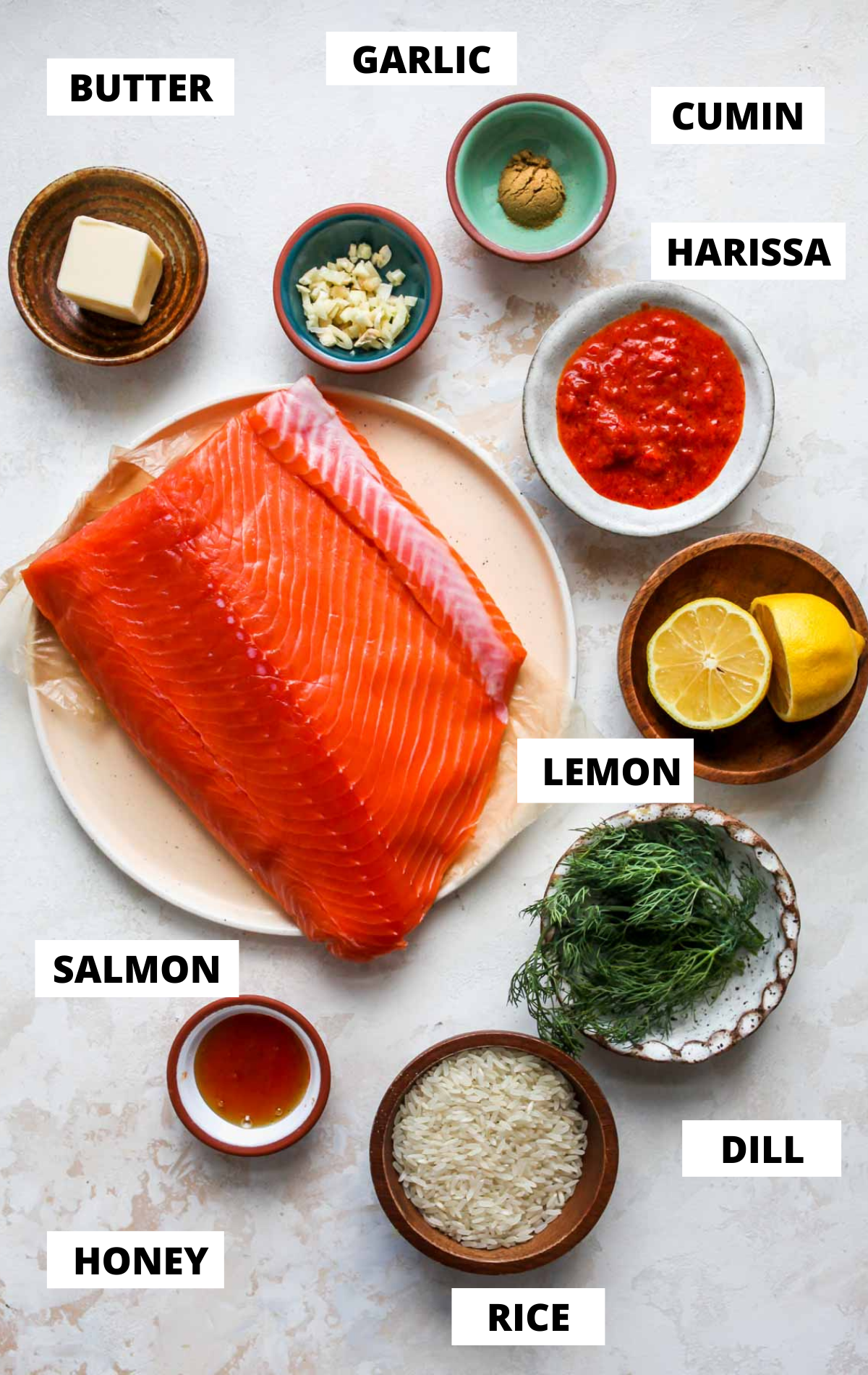 Recipe ingredients on a white board with labels
