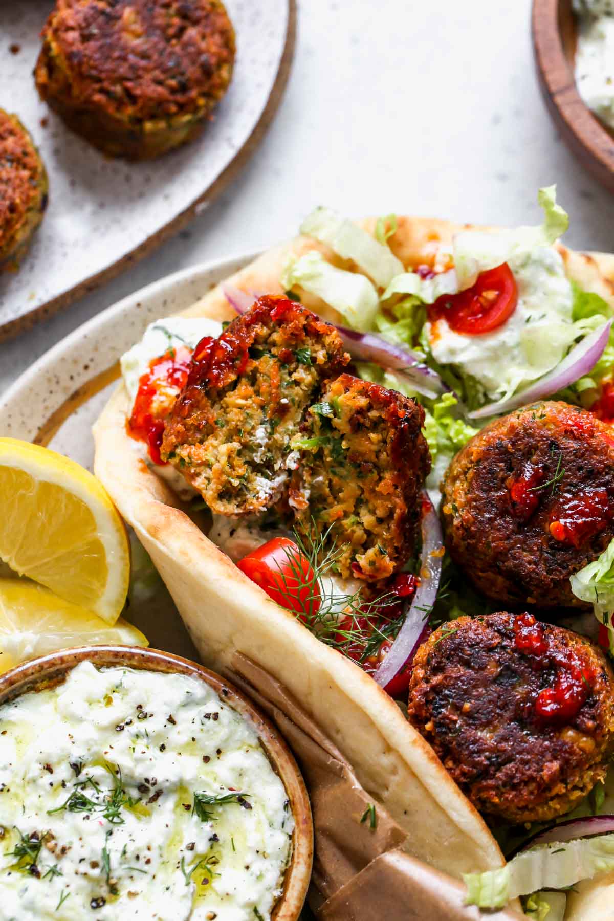 Falafel made with canned chickpeas sliced in half to see inside