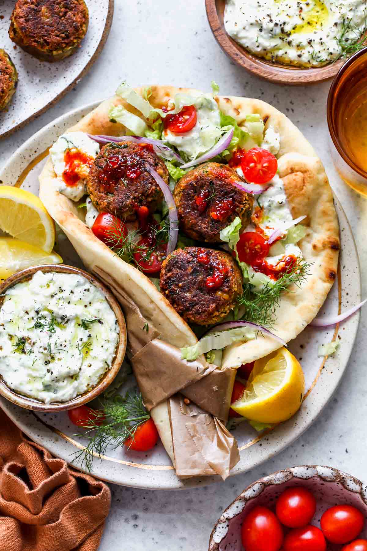 Falafel Gyros with Feta Tzatziki in naan bread
