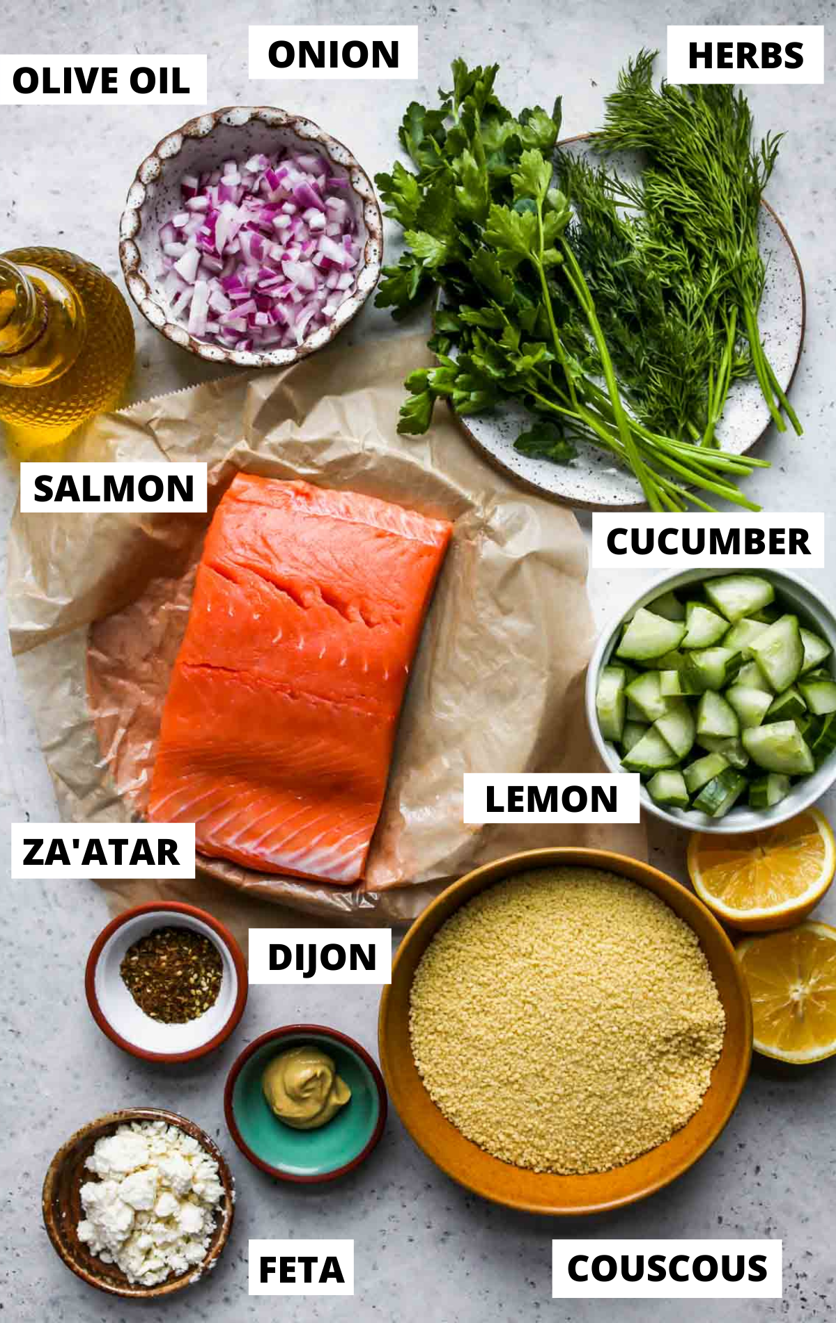 recipe ingredients in separate bowls with labels