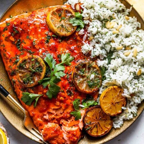 Honey-Harissa Baked Salmon with Dill Rice