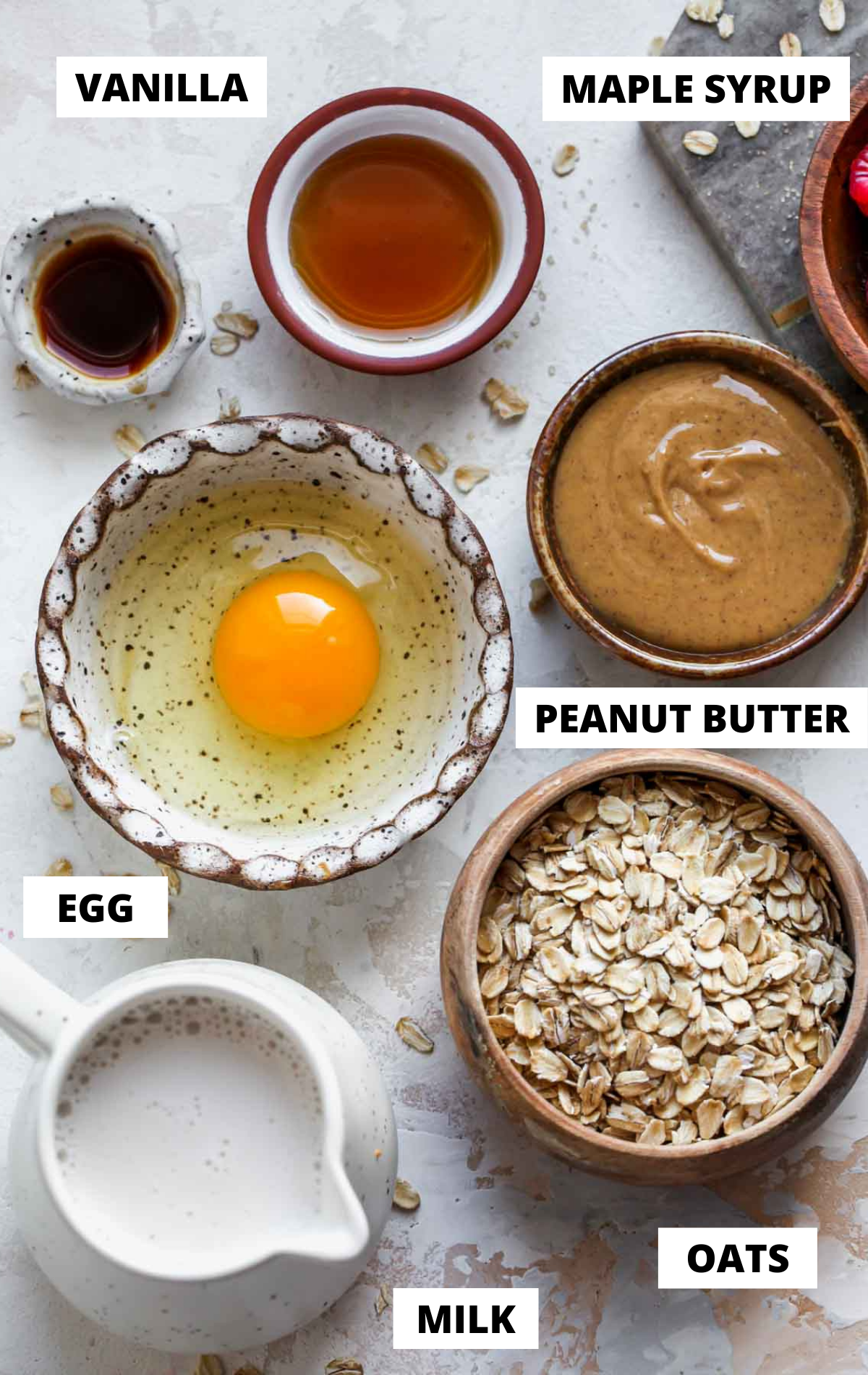 Recipe ingredients in separate bowls with labels