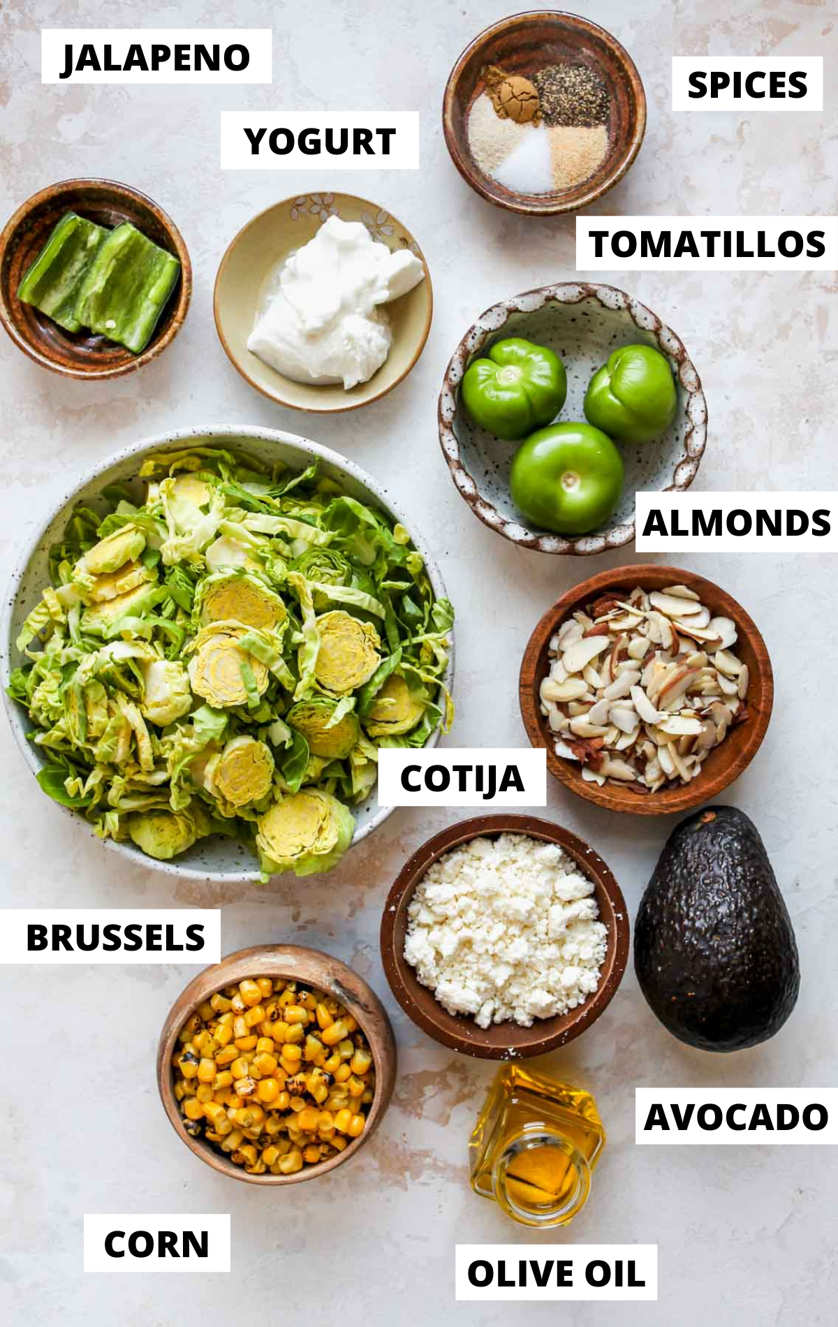 Recipe ingredients in separate bowls with labels