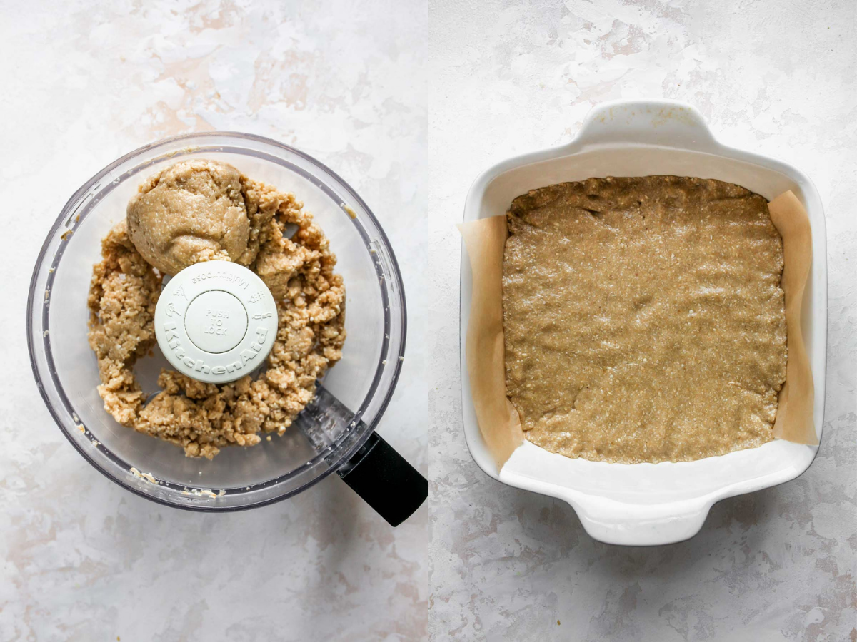Cashews, oats, coconut oil, and maple syrup being blended in a food processor