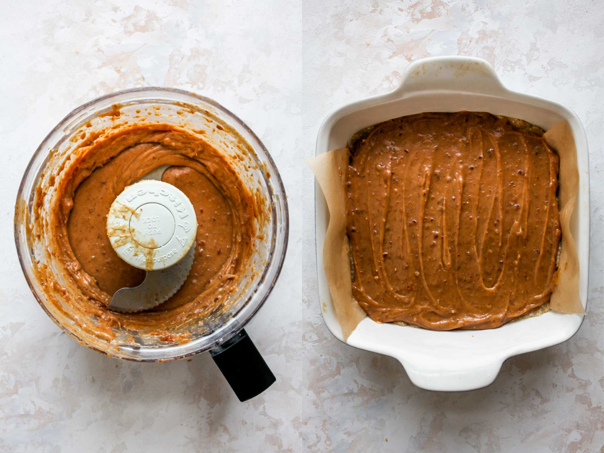 Peanut butter caramel being blended in a food processor