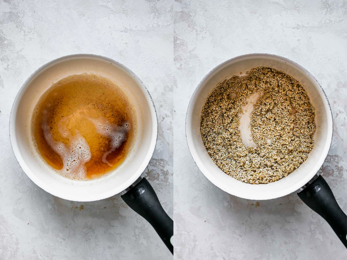 Brown butter in a saucepan with quinoa being mixed in